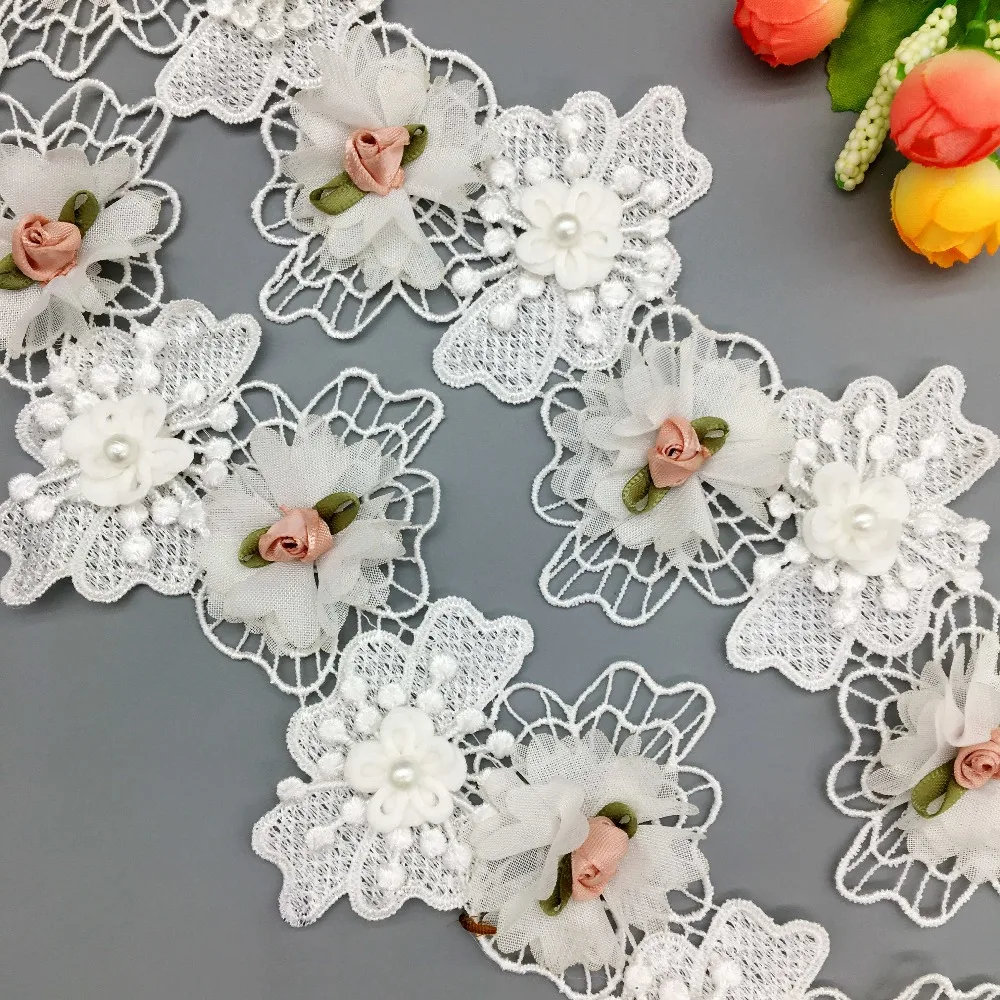 20x Chiffon French 3D Rose Flower Pearl Lace Trim Wedding Dress Fabric Ribbon Dentelle Sewing Embroidered Applique Craft | Дом и сад