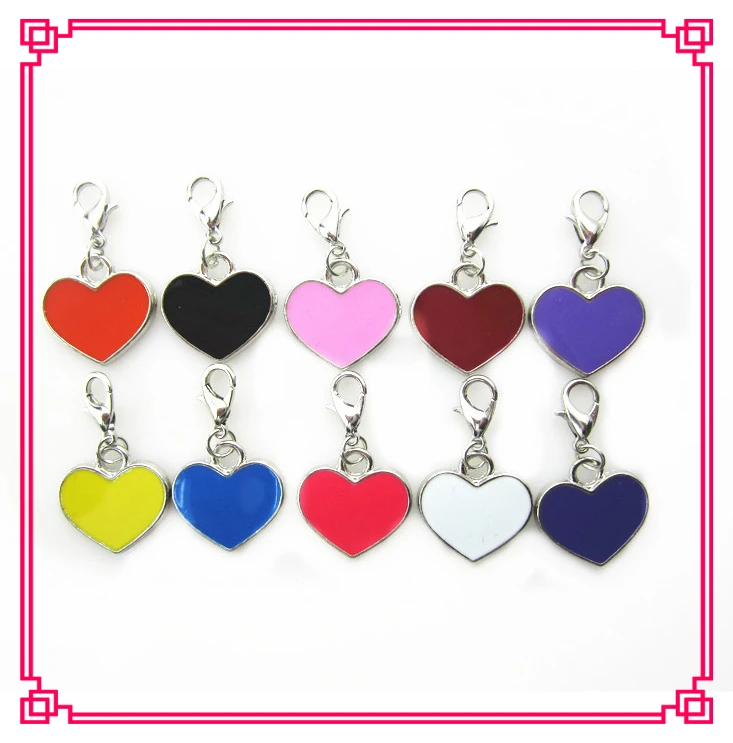 

Hot selling 50pcs/lot mix 10 different color heart dangle charms lobster clasp charms for floating pendant lockets