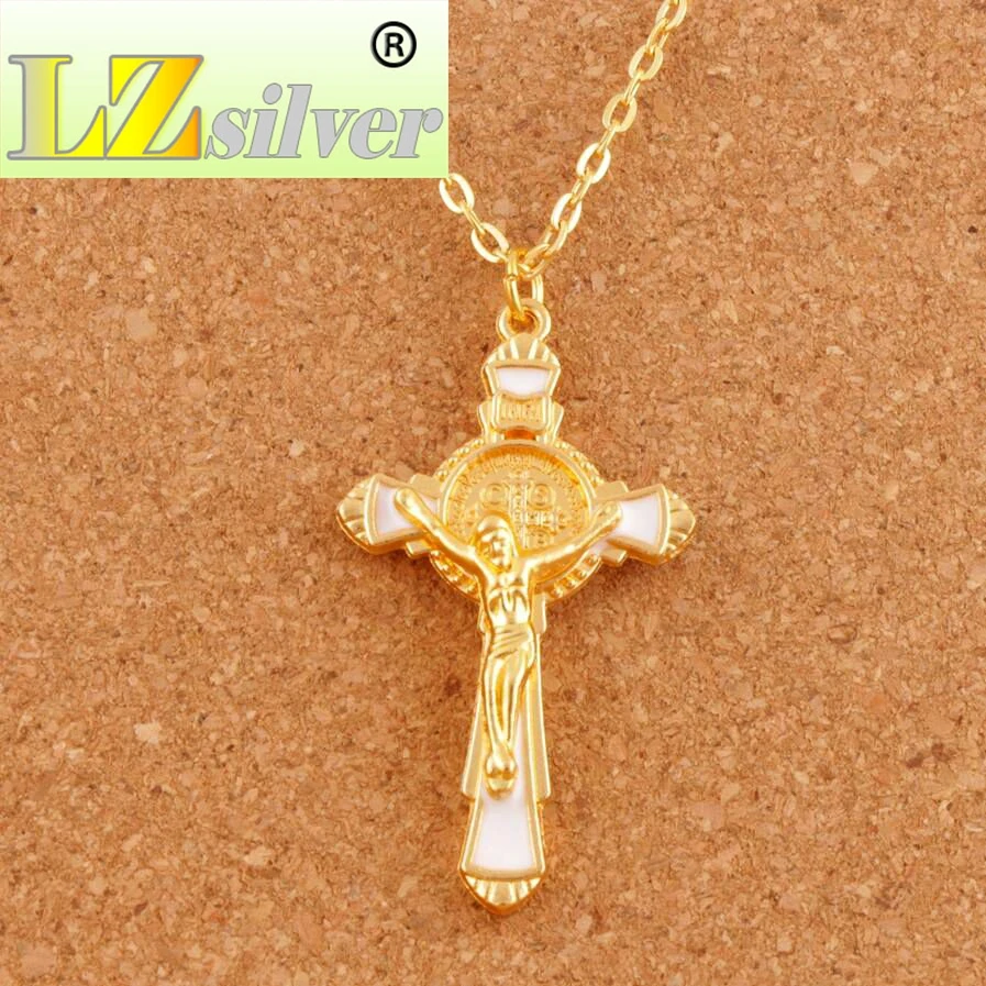 

5Colors Enamel Cristo Redentor Saint Benedict Medal Cross Crucifix Pendant Necklaces 24 inches Chains N1670-G