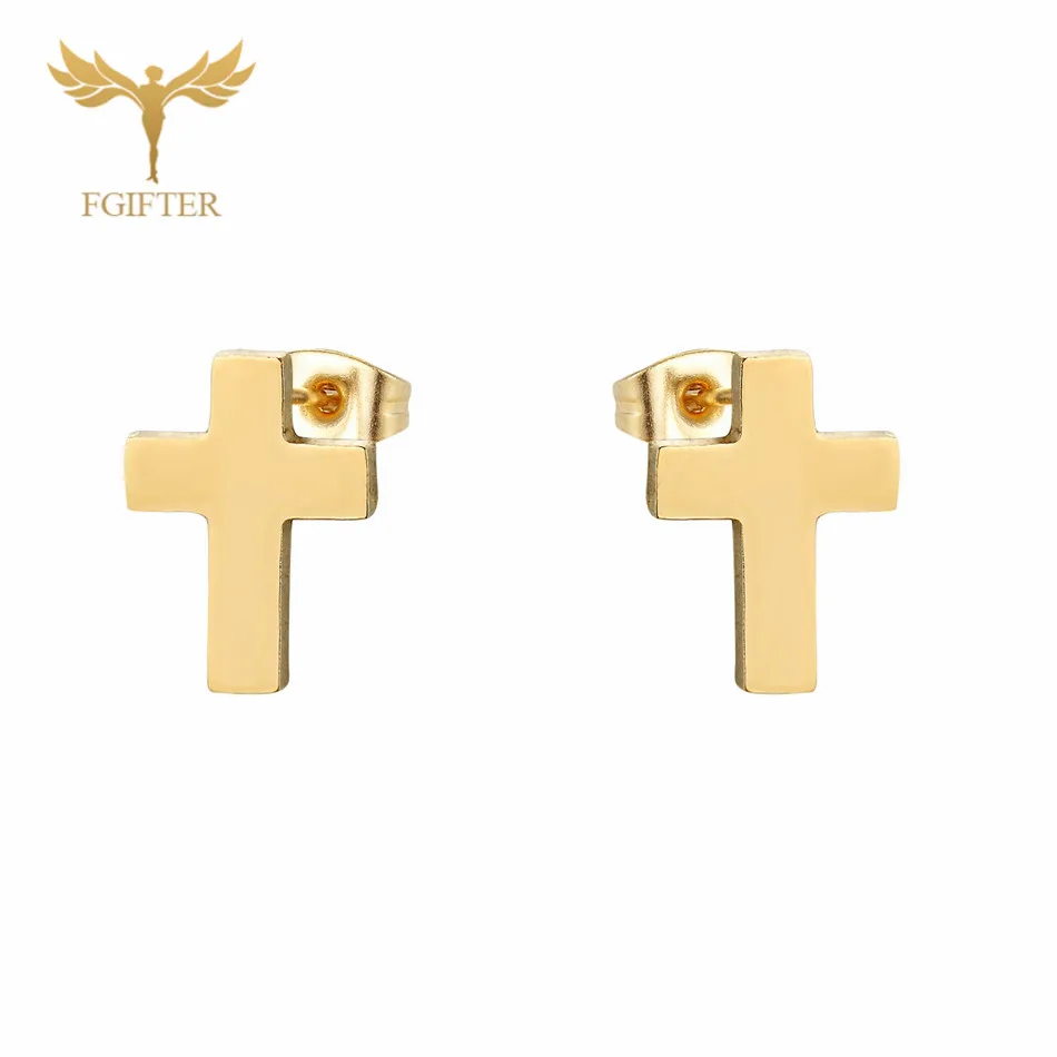 FGifter Wholesale Christ Cross Earrings Lots Stainless Steel Stud Jewelry Earring Small Women Men Kids Children Gifts 12 Pairs