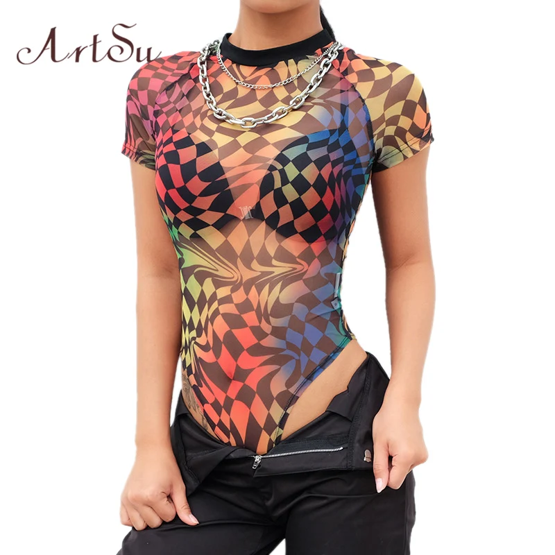 ArtSu Women Sexy Bodysuit Streetwear Colorful Plaid See-Through Chiffon Bodycon Female Catsuit Body Romper Bodysuits ASJU41091 | Женская