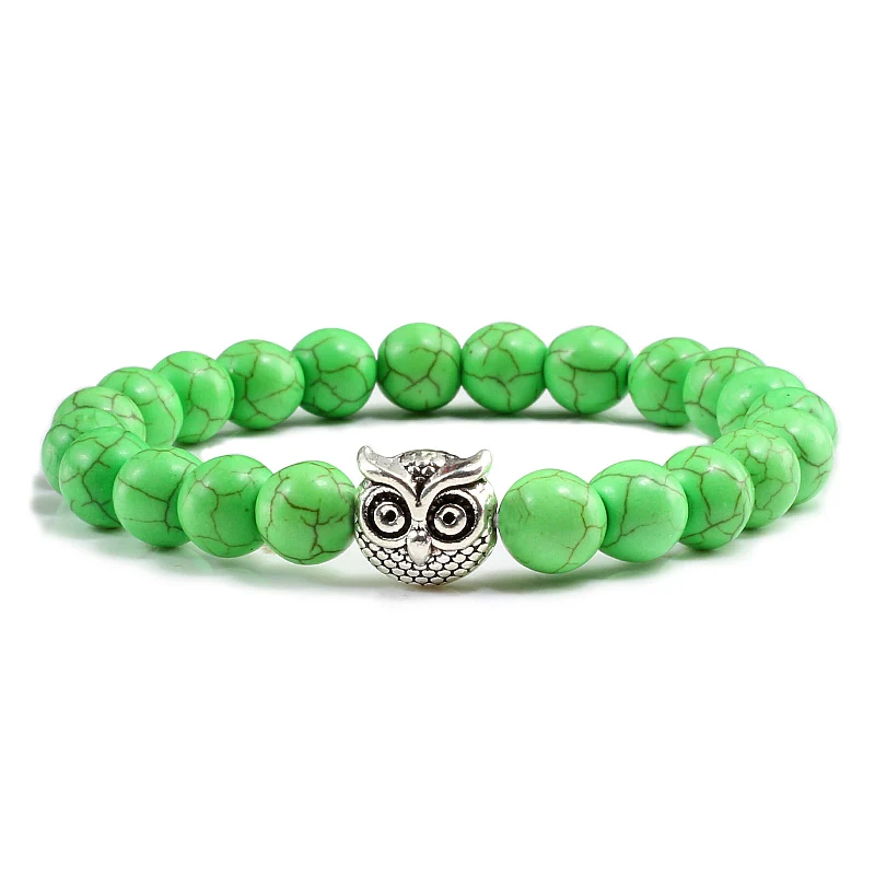 green beads silver Античное серебро золото животное сова Амулет Голова браслет femme натуральный камень Синий Белый Красный бисера энергии браслеты женские мужские ювелирные изделия - Окраска металла: green beads silver