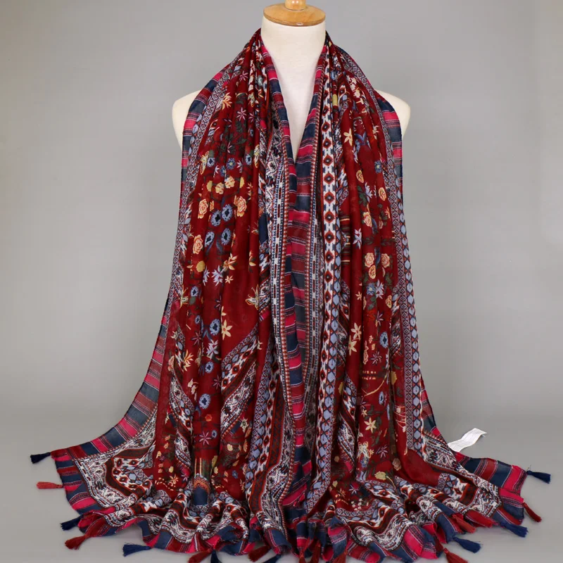 Богемный этнический стиль цветочный принт вискоза хлопок шали кисточки цветы