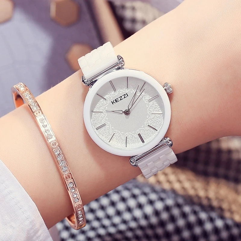 Kezzi Лидирующий бренд женские часы модные со стразами белая керамика Золотая