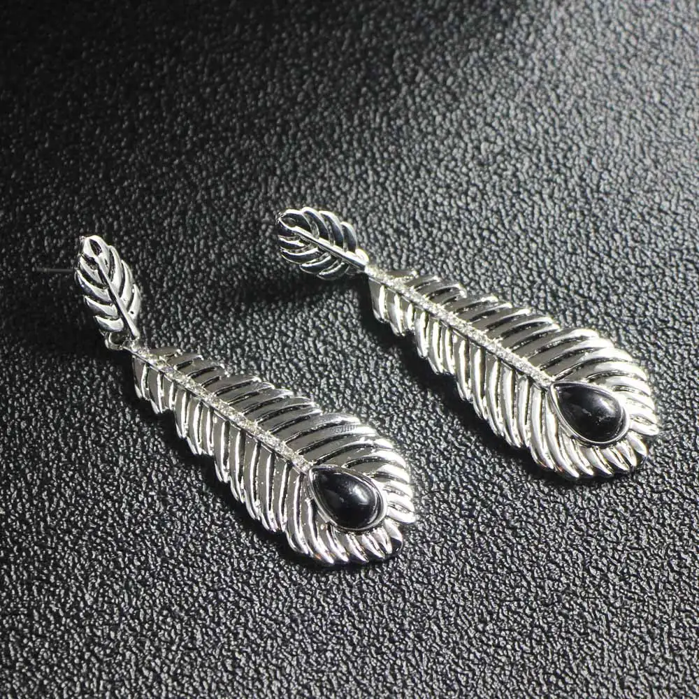 JUST FEEL Boho Leaf Drop Earrings with Black Crystal Inlay - Long Dangle Earrings for Women - Fine Jewelry Gift image 2