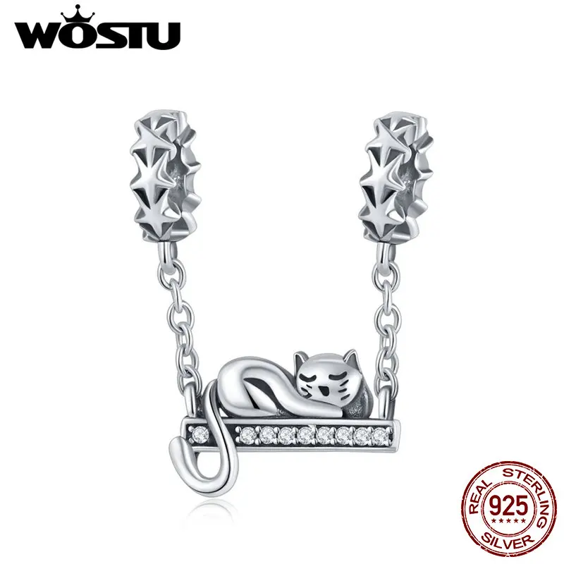 WOSTU 925 пробы серебряный милый кот лежа качели Pet талисманы fit бренд браслет кулон из бисера Женская мода ювелирные изделия подарок FIC856