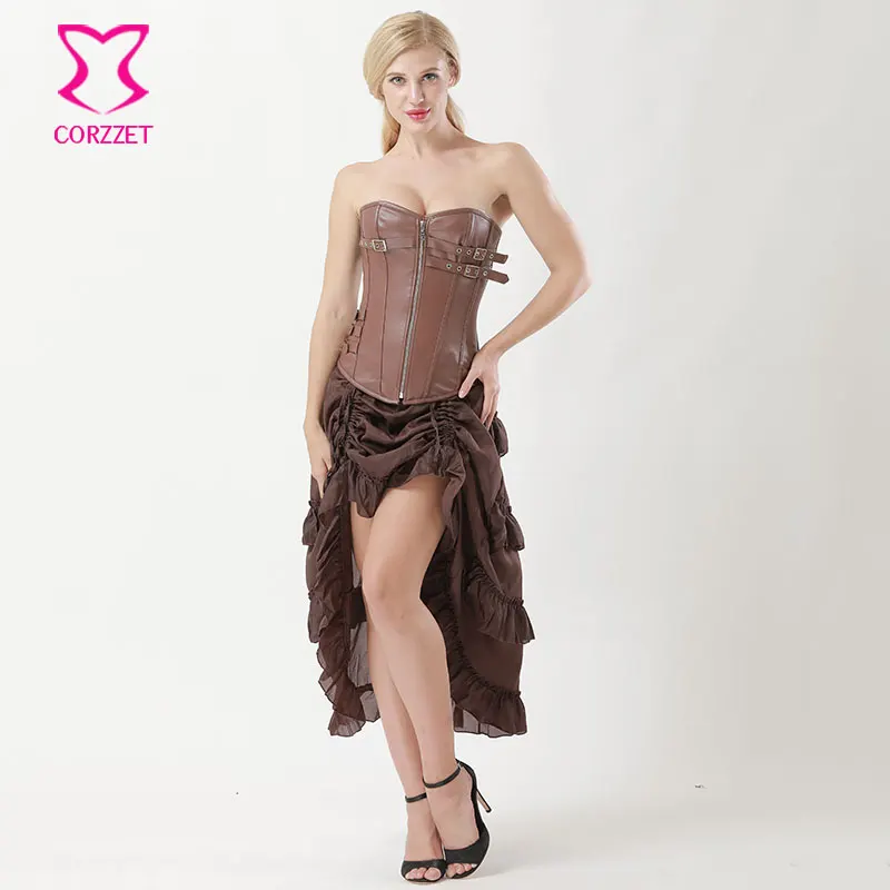 Brown Faux Leather Sexy Corsets and Bustiers Gothic Corpetes E Corselet Corset Skirt Burlesque Dress Steampunk Clothing Dresses