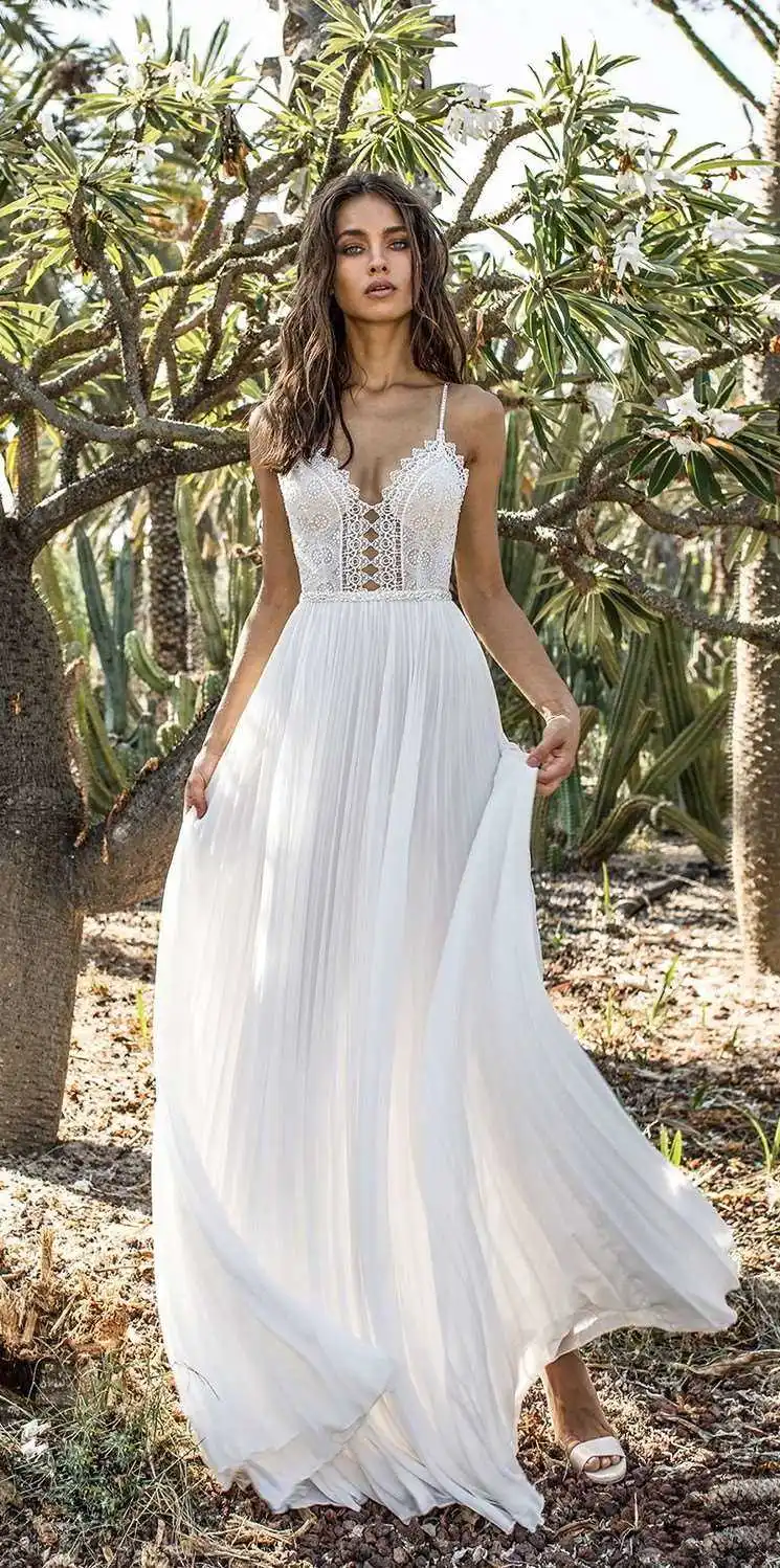 Белый Пикантные тонкие бретельки пляжное длинное шифоновое платье Boho свадебный наряд свадебные платья в богемном стиле платье для невесты без спинки свадебное платье Vestido De Noiva - Цвет: Белый