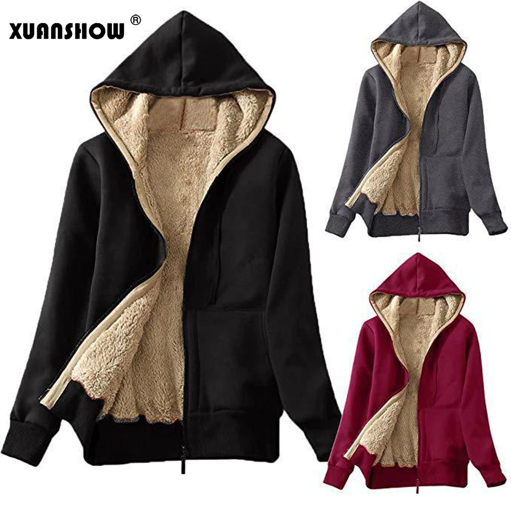 XUANSHOW Куртки для женщин 2019 Зимнее Осенние Флокирование плюша Застежка -молния с