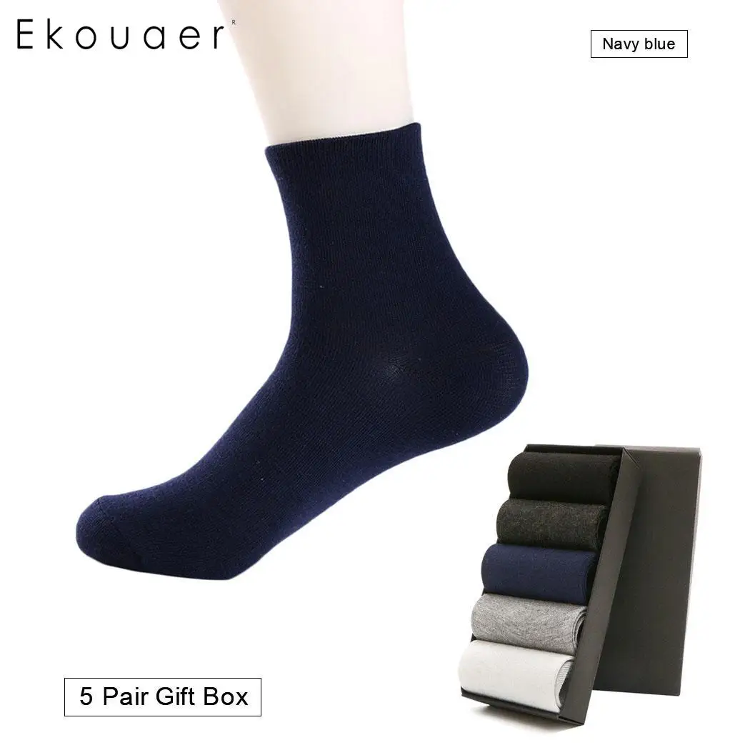 Navy Blue Ekouaer 5 пар мужские деловые носки хлопок осень зима впитывающие пот носки эластичные дышащие высококачественные мужские носки - Цвет: Navy Blue