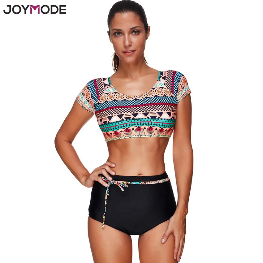 JOYMODE Для женщин купальник с коротким рукавом комплект бикини Высокая Талия
