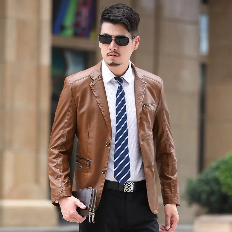 

Leather jackets men's suit collar men leather suit slim single-breasted leather jacket male spring fashion black brown big size