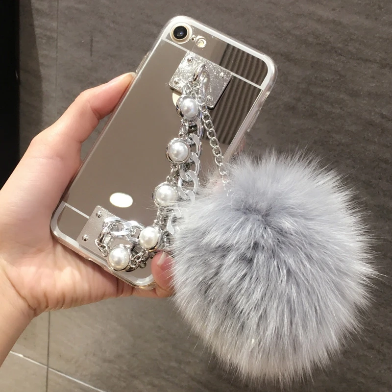 Роскошные зеркальные Чехлы HOCAYU с меховым шариком для Iphone 5 5S Se 6 6s 6plus 7 7plus 8 8plus X