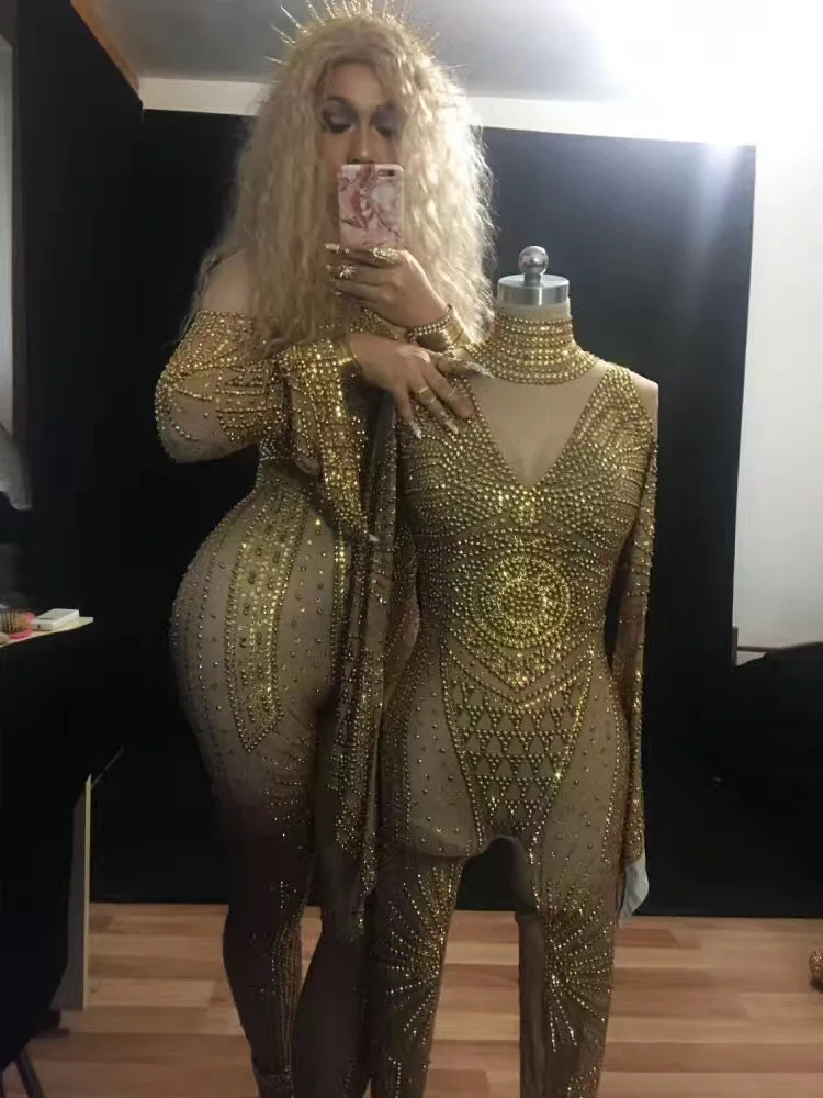 Женский костюм певицы с яркими кристаллами сексуальный комбинезон для