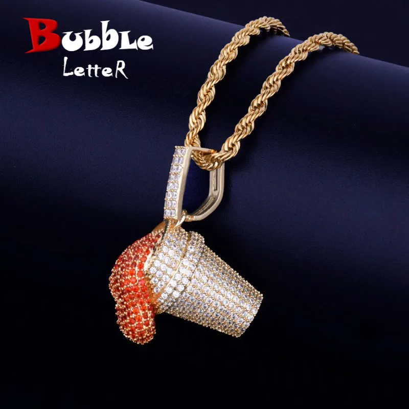 

Men's Lean Red Color Cup Drank Iced Pendant Necklace Free Steel Rope Chain Gold Color Cubic Zircon Hip hop Jewelry For Gift
