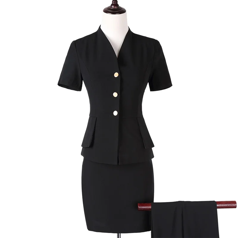 

Fashion V neck women Skirt suits set spring formal long sleeve slim Interview blazer and pants office ladies plus size work wear