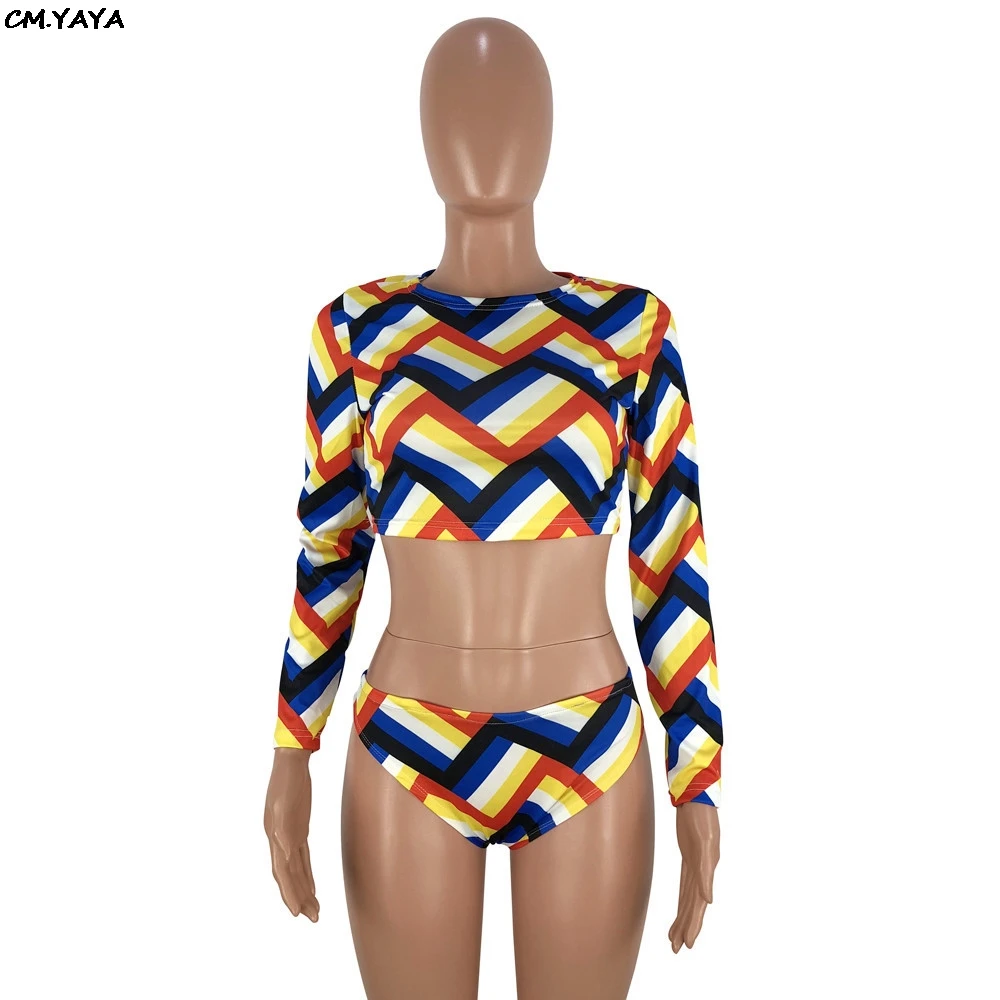 2019 new women summer long sleeve wave stripes print short top panties suits two piece set bodysuit sexy outfit YT3096 | Женская одежда