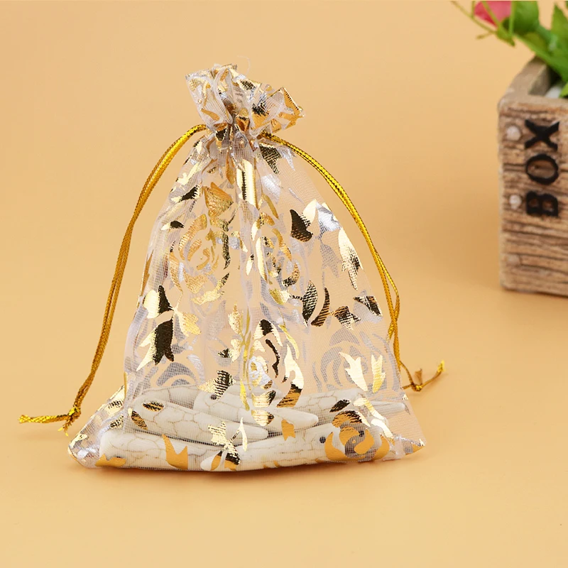 

Whoesale 100pcs/lot Gold Rose Print Organza Bag 13x18cm,Wedding Jewelry Packaging Pouches,Nice Gift Bags White Color