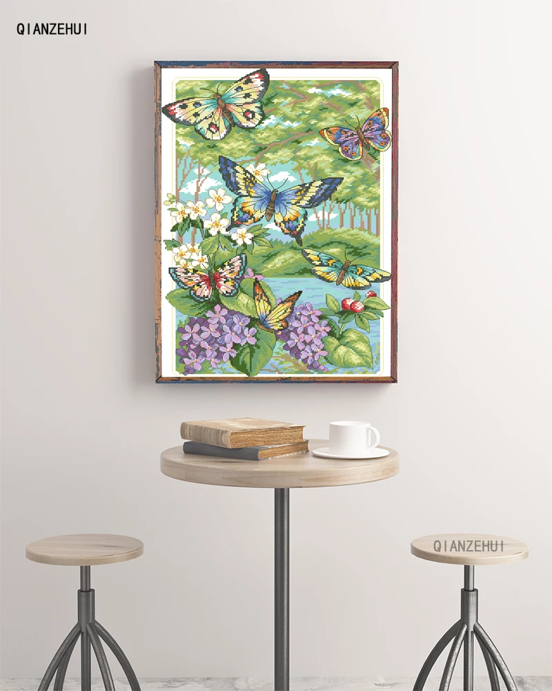 QIANZEHUI Needlework DIY Butterflies fly in the forest Cross stitch Sets For Embroidery kits Cross-Stitching Wall Home Decro | Дом и сад
