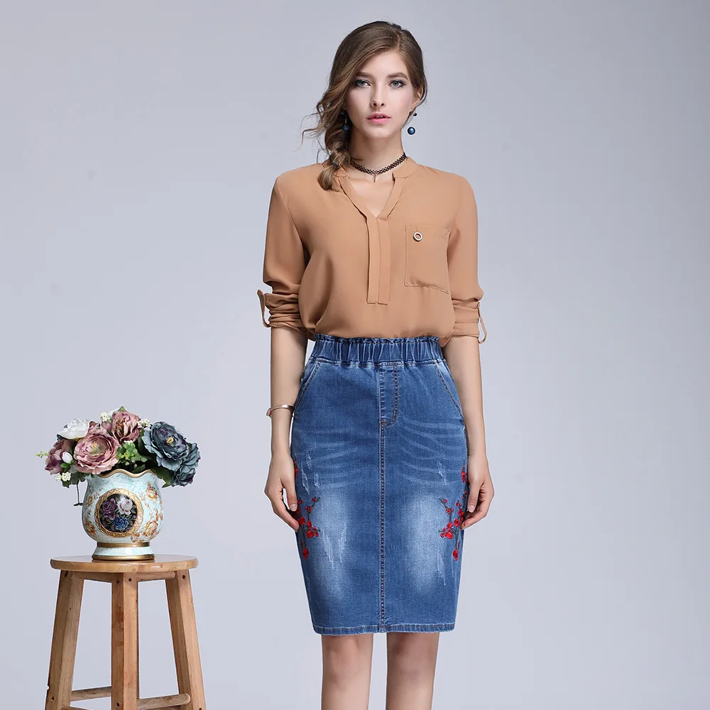 Fashion Denim Skirts Womens High Waist Embroidery Pockets Button Skirt Female 2019 Summer Casual | Женская одежда