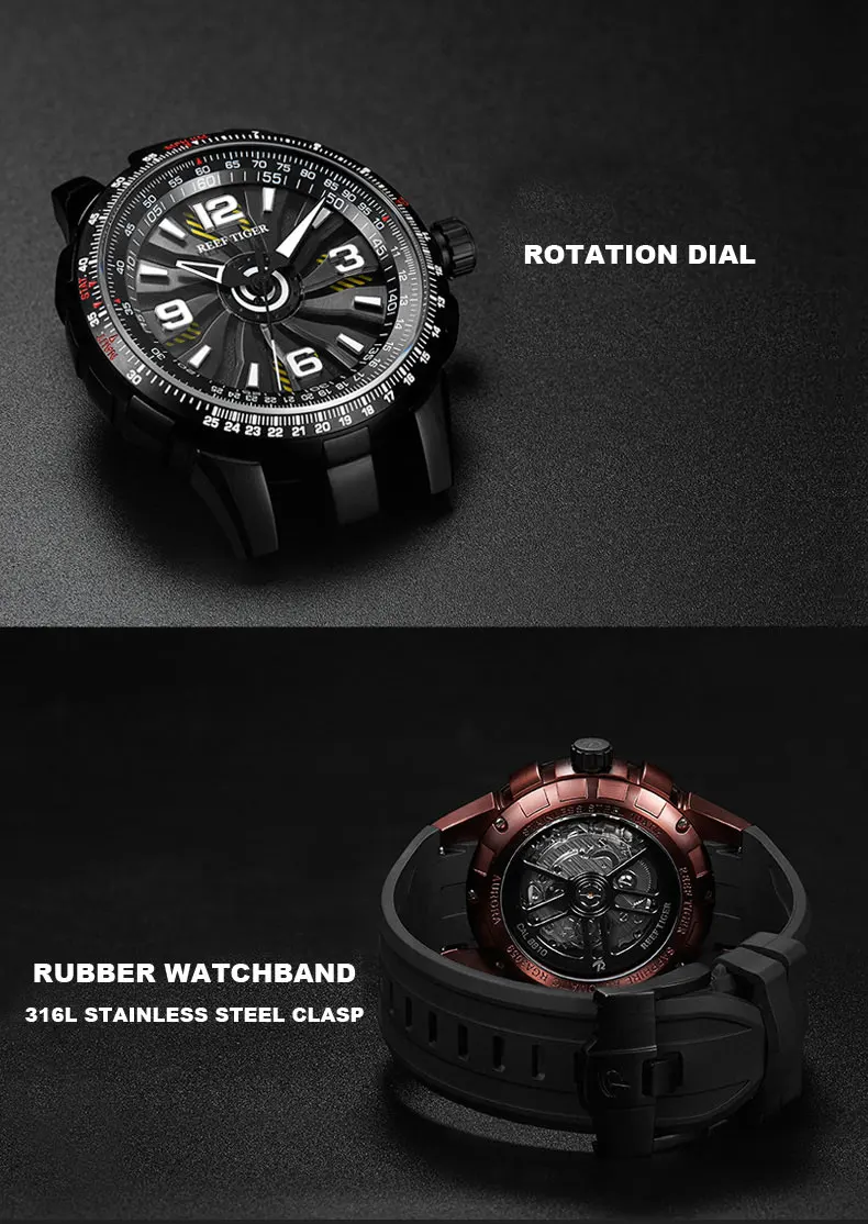 Риф Тигр/RT дизайн мужские военные часы спортивный резиновый ремешок автоматический поворот пилот Часы Relogio Masculino RGA3059