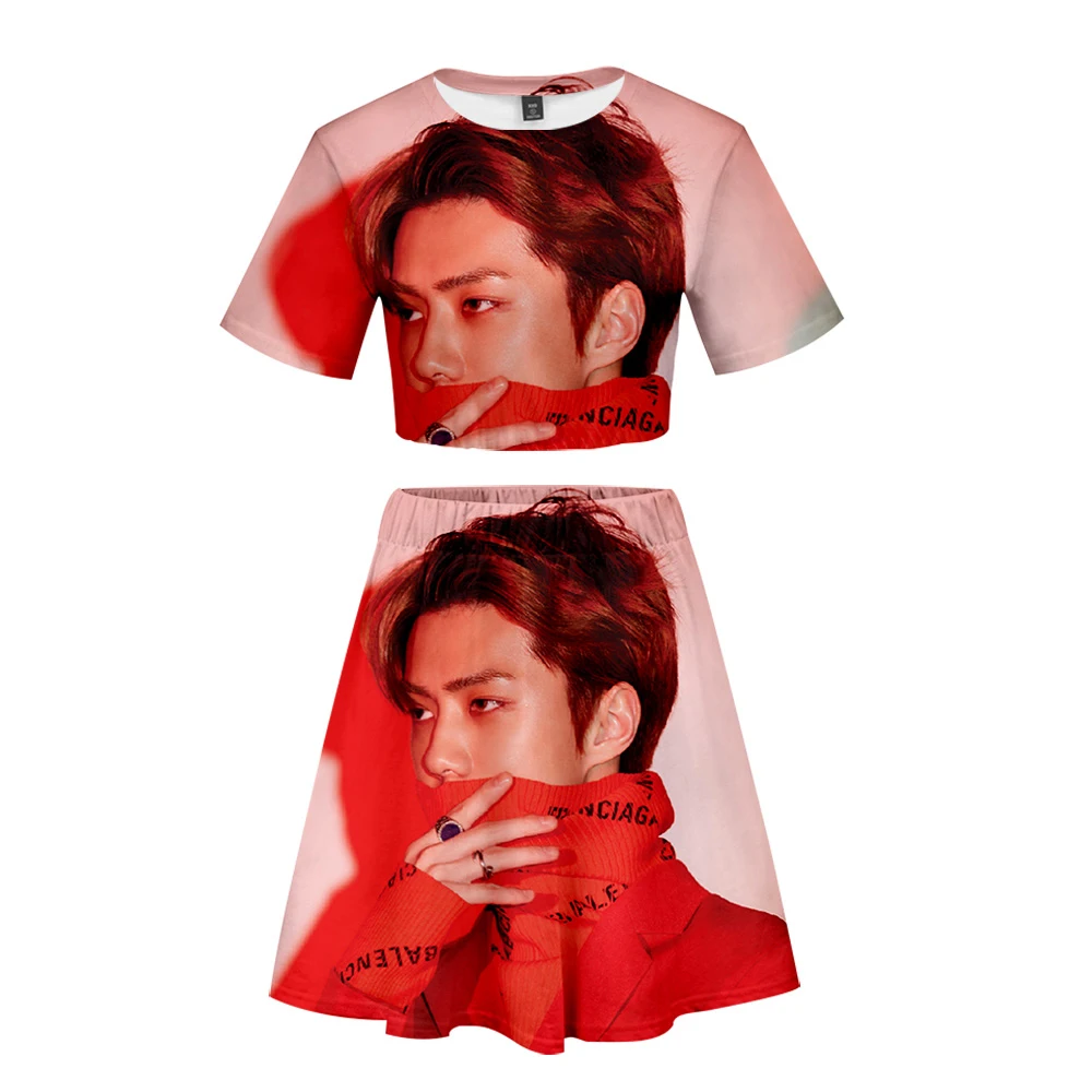 Kpop Bang Store EXO Love Shot 3D Printed Women Two Piece Sets Fashion Summer Short Sleeve Crop Tops+Skirts 2019 Casual Sexy Wear |