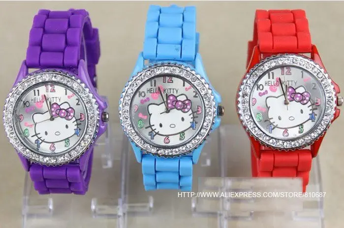10pcs/lot Free ship by HK post Diamond crystal Hello kitty Silicone Band Quartz Wrist Watch For Unisex Gift 7 Color Available |