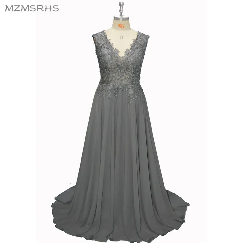 

MZ-MSRHS 2017 длинные платья для выпускного вечера без рукавов сексуальные шифоновые аппликационные кружева с v-образным вырезом темно-серые веч...