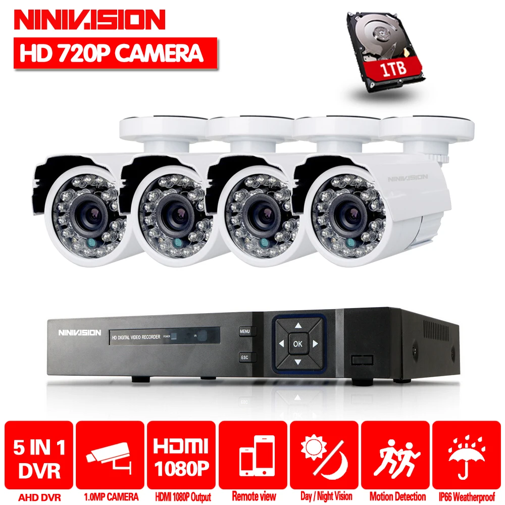 Система видеонаблюдения NINIVISION 4 канала 1080n наружная система 720 пикселей