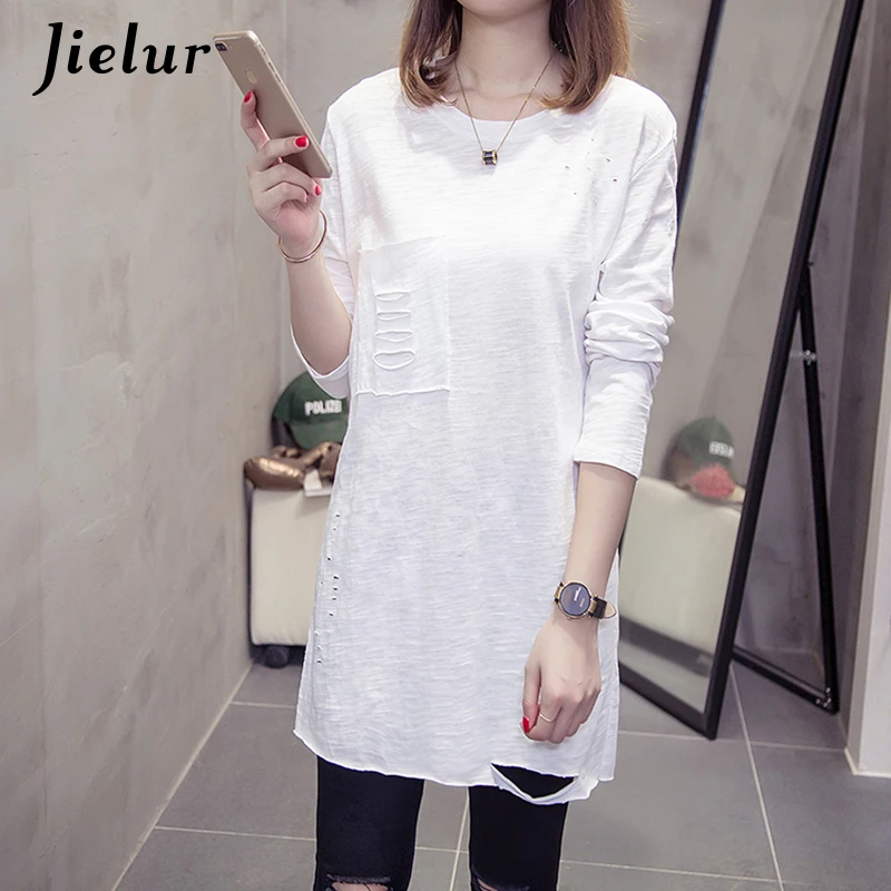 Jielur 2019 Осенняя модная женская футболка с дырками однотонные корейские свободные