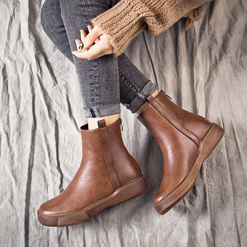 

Genuine Leather Women Chelsea Boots Brand Winter Warm Fleece Short Boots Plus Size Platform Single Flats Martin Shoes Woman Work