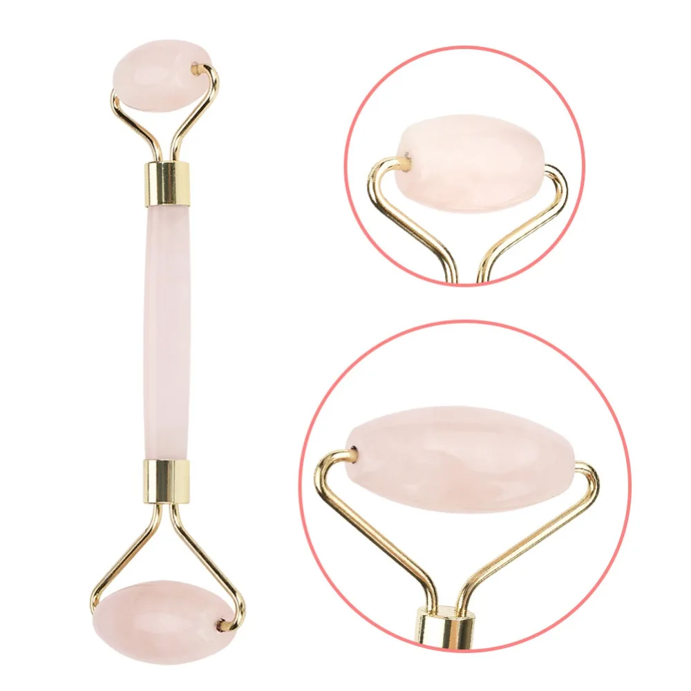 Натуральный нефритовый массажный ролик с двойной головкой из розового кварца