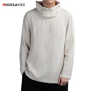 Мужская толстовка с капюшоном, льняная, хлопковая, с высоким горлом, жаккардовое, однотонное, с длинным рукавом, китайский стиль, мужские, Азиатские размеры, M-4XL