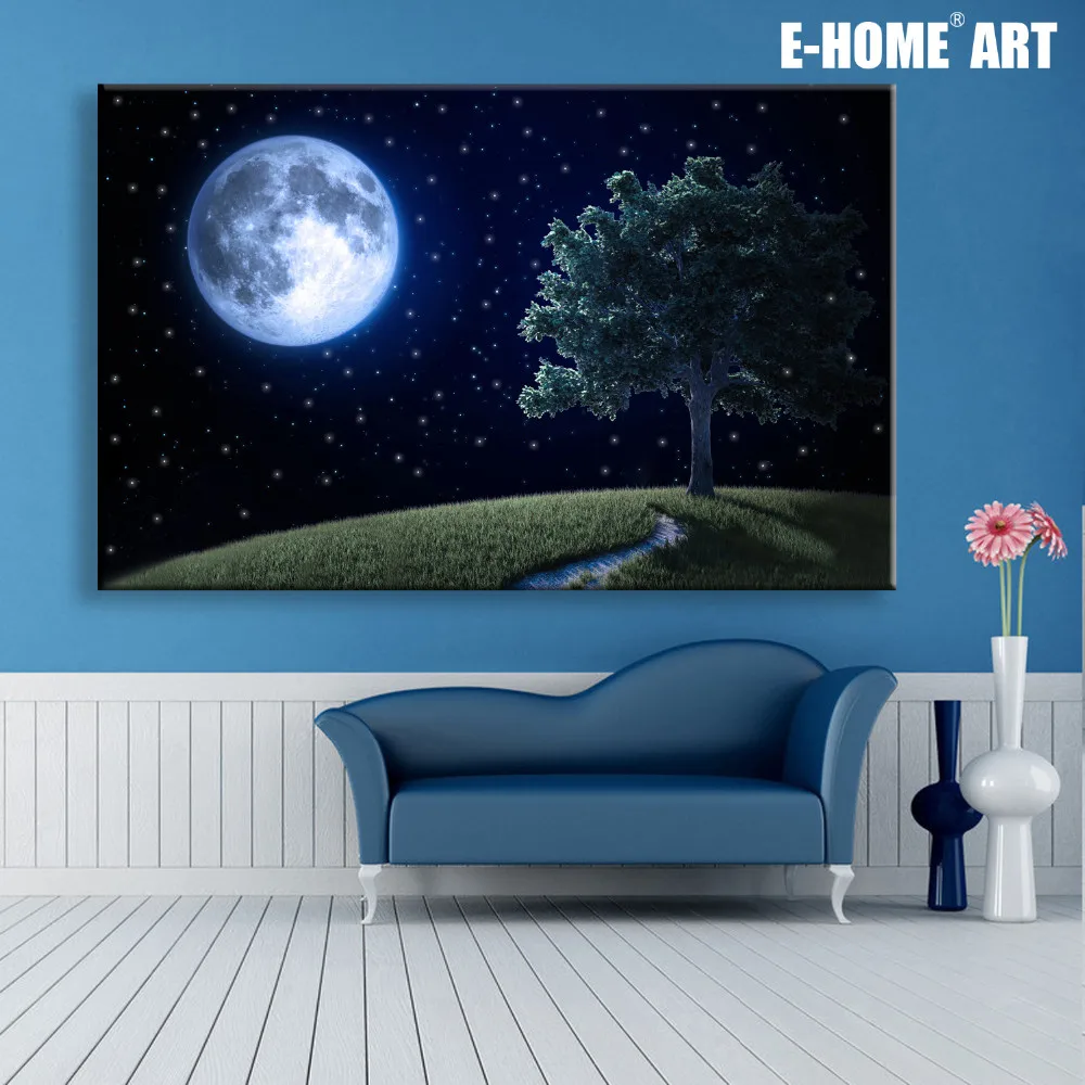 Растянутый Холст принты деревья и Луна светодиодный мигает оптического волокно