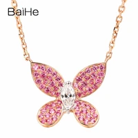 BAIHE Solid 18K Rose Gold H/SI Natural Diamond Pink Sapphirs Butterfly Necklace Women Trendy Fine Jewelry Making Collar Mariposa