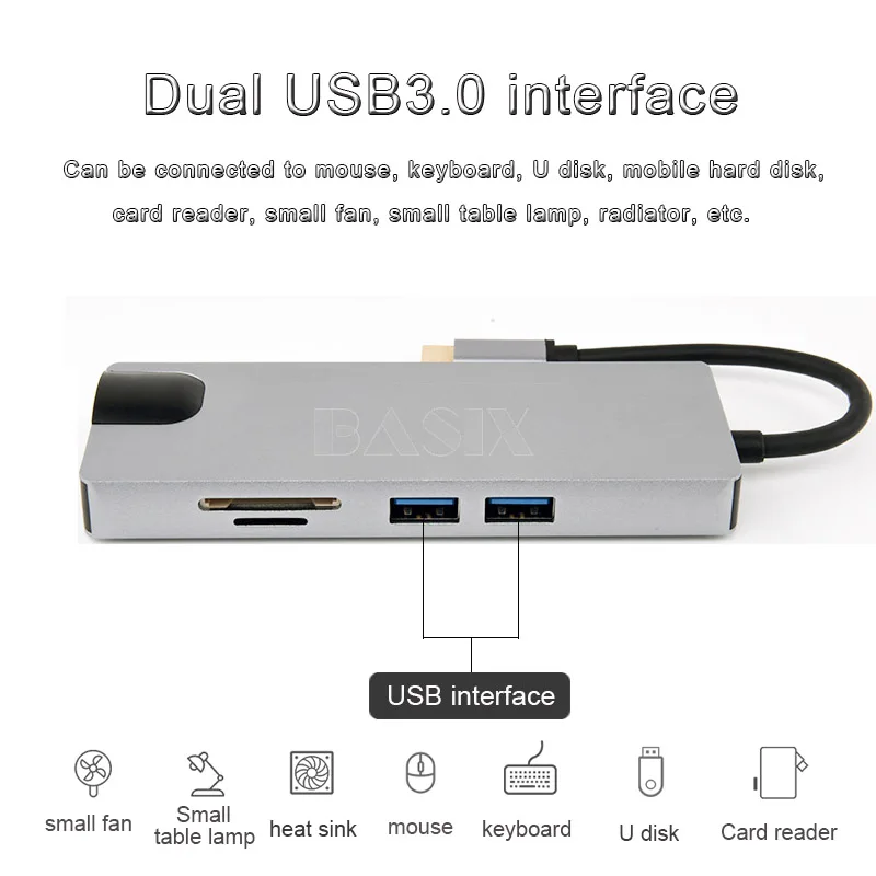 Basix USB C концентратор к HDMI 4K USB 3,0 порт SD/TF кард-ридер VGA RJ45 Gigabit Ethernet type C концентратор для Macbook Pro huawei P20 Pro