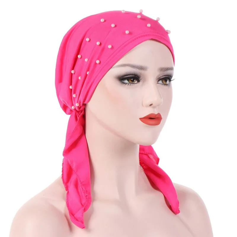 Turbante elástico de alta calidad para mujer, sombrero musulmán con perlas, gorro de quimio, Hijab indio, pañuelo para la cabeza