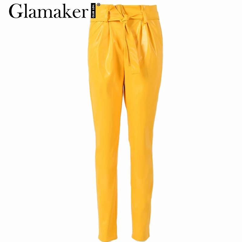 Glamaker, сексуальные свободные кожаные штаны-шаровары, для женщин, уличная одежда, высокая талия, вечерние штаны, весна-лето, модный пояс, длинные штаны - Цвет: Цвет: желтый