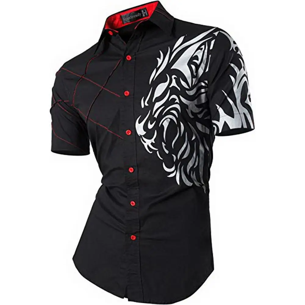 Sportreny Men Shirts Dress Casual Lion Summer Short Sleeve Fashion Stylish Tattoo Printed JZS060