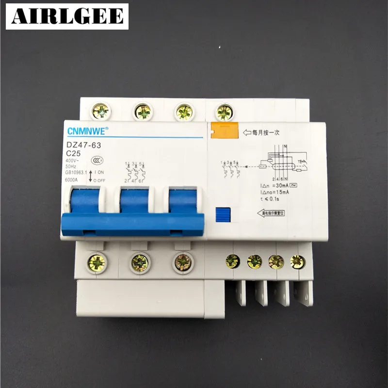 

6000A Breaking Capacity DIN Rail 3P+N Earth Leakage Circuit Breaker AC 400V 25A