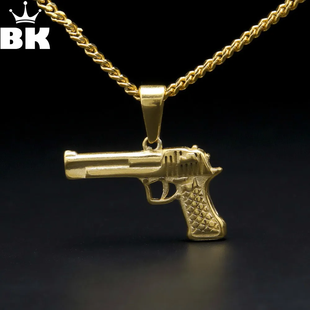 

2018 Hiphop Gold Color Gun Pendant Necklace Stainless Steel Pistol Gun Charm Necklace Fine quality 24'' Cuban Chain For Men
