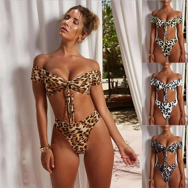

Twist top strapless leopard bikini set off shoulder swimsuit 2019 sexy push up swimwear high waist bandage bikini S-XL
