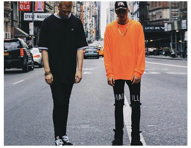 Харадзюку оверсайз High Street оранжевая футболка с длинным рукавом Ins Kanye длинная футболка хип-хоп Топ Футболка унисекс модная футболка мужская Kpop