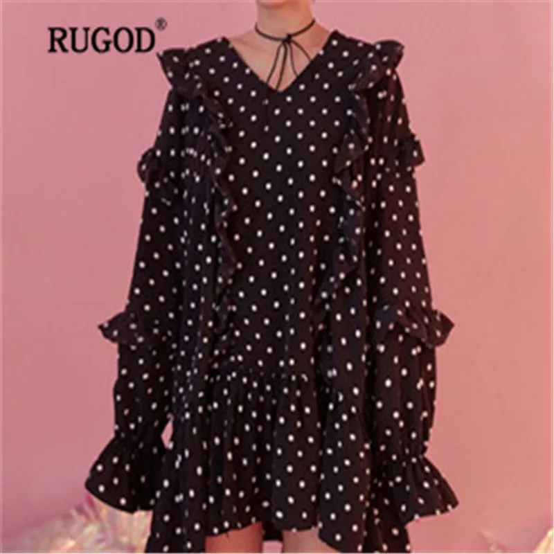 

RUGOD Printed Dress women Elegant Ruffles Long Sleeve V-Neck Sweet midi dresses ball gown Loose Knee-length school dress female