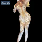 Женский комбинезон для ночного клуба, с узором, белые эластичные колготки, со стразами, для певицы, боди для танцовщицы