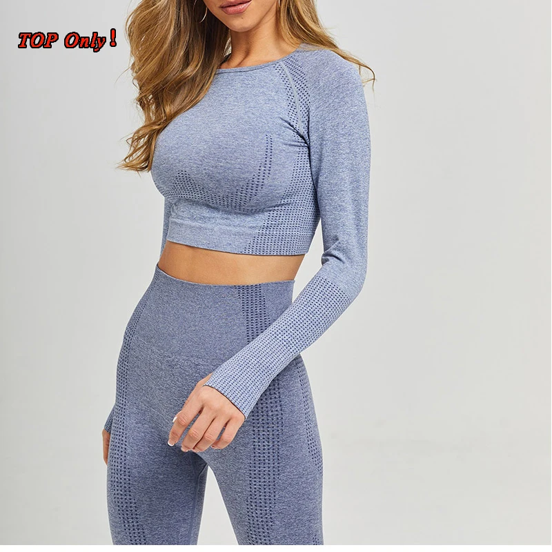 long sleeve top GY Бесшовный комплект для йоги, Леггинсы для йоги штаны, комплект для тренировок, одежда без рукавов, женская одежда для фитнеса, тренажерного зала, комплект для спортзала, короткий топ с длинным рукавом - Цвет: long sleeve top GY