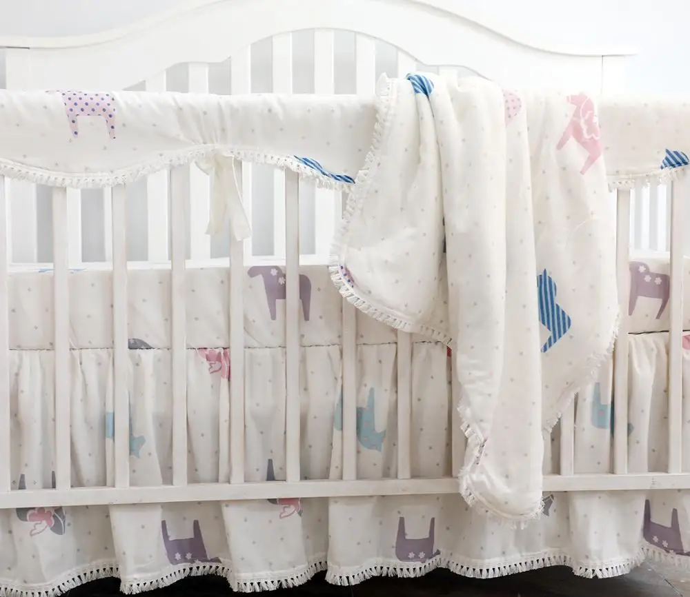 

4pcs Blush Coral Pink Ruffle Crib Bedding Set Baby Girl Bedding Blanket Nursery Crib Skirt Baby Girl Crib Bedding Sheet(Unicorn)