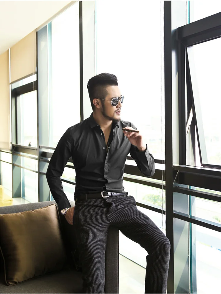 Новые осенние модные брендовые Для мужчин Костюмы Slim Fit Для мужчин рубашка с длинными рукавами Для мужчин однотонные хлопковые Повседневное Для мужчин рубашка социальной S2143