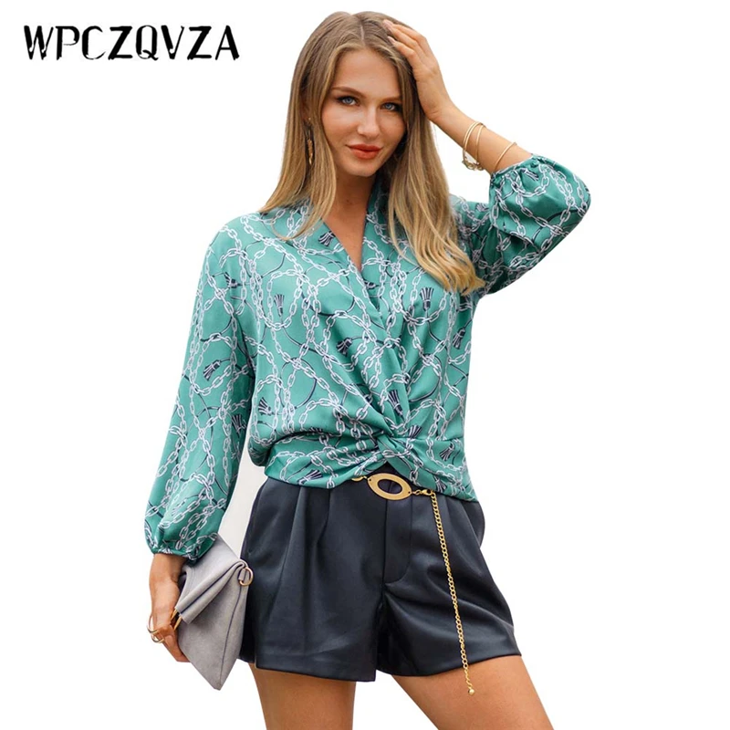 WPCZQVZA Unique Design V-Neck Women Blouse Shirt Comfortable Solid Color Elegant Pullover Fashion Printing Chain Woman Tops |