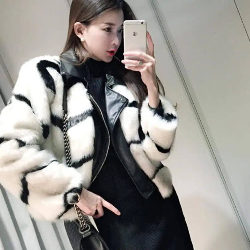 patchwork Зимние новые модные брендовые Лоскутные Куртки из искусственной кожи с искусственным мехом женские теплые меховые пальто на молнии в полоску Верхняя одежда Топы gx1691 - Цвет: patchwork